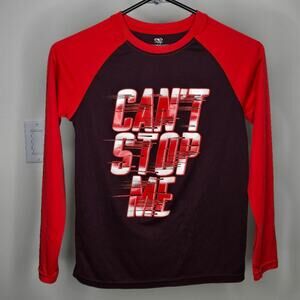 ATHLETIC WORKS Boys Long Sleeve Shirt Cant Stop Me Size L 10-12 Red Brown White